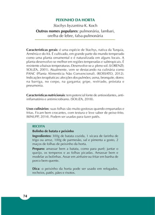 74
PEIXINHO DA HORTA
Stachys byzantina K. Koch
Outros nomes populares: pulmonária, lambari,
orelha de lebre, falsa-pulmonária
Características gerais: é uma espécie de Stachys, nativa da Turquia,
Armênia e do Irã. É cultivado, em grande parte do mundo temperado
como uma planta ornamental e é naturalizada em alguns locais. A
planta desenvolve-se melhor em regiões temperadas e subtropicais. É
resistente a baixas temperaturas. Desenvolve-se a pleno sol. (LORENZI;
SOUZA, 2001). Atualmente, vem se destacando na culinária como
PANC (Planta Alimentícia Não Convencional). (ROSSATO, 2012).
Indicações terapêuticas: afecções dos pulmões; asma, bronquite, dores:
na barriga, no corpo, na garganta; gripe, resfriado, próstata e
pneumonia.
Características nutricionais: tem potencial fonte de antioxidantes, anti-
inflamatório e antimicrobiano. (SOUZA, 2018).
Usos culinários: suas folhas são muito gostosas quando empanadas e
fritas. Ficam bem crocantes, com textura e leve sabor de peixe-frito.
(KINUPP, 2014). Podem ser usadas para fazer patês.
RECEITA
Bolinho de batata e peixinho
Ingredientes: 300g de batata cozida, 1 xícara de farinha de
trigo ou arroz, 100g de parmesão, sal e pimenta a gosto, 2
maços de folhas de peixinho da horta.
Preparo: amassar bem a batata, como para purê; juntar o
queijo, os temperos e as folhas picadas. Amassar bem e
modelar as bolinhas. Assar em airfraire ou fritar em banha de
porco bem quente.
Dica: o peixinho da horta pode ser usado em refogados,
recheios, patês, pães e risotos.
 