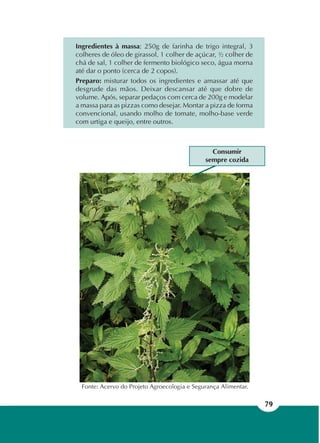 79
Fonte: Acervo do Projeto Agroecologia e Segurança Alimentar.
Ingredientes à massa: 250g de farinha de trigo integral, 3
colheres de óleo de girassol, 1 colher de açúcar, ½ colher de
chá de sal, 1 colher de fermento biológico seco, água morna
até dar o ponto (cerca de 2 copos).
Preparo: misturar todos os ingredientes e amassar até que
desgrude das mãos. Deixar descansar até que dobre de
volume. Após, separar pedaços com cerca de 200g e modelar
a massa para as pizzas como desejar. Montar a pizza de forma
convencional, usando molho de tomate, molho-base verde
com urtiga e queijo, entre outros.
Consumir
sempre cozida
 