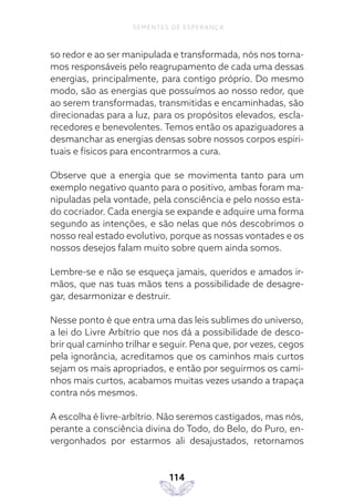 114
SEMENTES DE ESPERANÇA
so redor e ao ser manipulada e transformada, nós nos torna-
mos responsáveis pelo reagrupamento de cada uma dessas
energias, principalmente, para contigo próprio. Do mesmo
modo, são as energias que possuímos ao nosso redor, que
ao serem transformadas, transmitidas e encaminhadas, são
direcionadas para a luz, para os propósitos elevados, escla-
recedores e benevolentes. Temos então os apaziguadores a
desmanchar as energias densas sobre nossos corpos espiri-
tuais e físicos para encontrarmos a cura.
Observe que a energia que se movimenta tanto para um
exemplo negativo quanto para o positivo, ambas foram ma-
nipuladas pela vontade, pela consciência e pelo nosso esta-
do cocriador. Cada energia se expande e adquire uma forma
segundo as intenções, e são nelas que nós descobrimos o
nosso real estado evolutivo, porque as nossas vontades e os
nossos desejos falam muito sobre quem ainda somos.
Lembre-se e não se esqueça jamais, queridos e amados ir-
mãos, que nas tuas mãos tens a possibilidade de desagre-
gar, desarmonizar e destruir.
Nesse ponto é que entra uma das leis sublimes do universo,
a lei do Livre Arbítrio que nos dá a possibilidade de desco-
brir qual caminho trilhar e seguir. Pena que, por vezes, cegos
pela ignorância, acreditamos que os caminhos mais curtos
sejam os mais apropriados, e então por seguirmos os cami-
nhos mais curtos, acabamos muitas vezes usando a trapaça
contra nós mesmos.
A escolha é livre-arbítrio. Não seremos castigados, mas nós,
perante a consciência divina do Todo, do Belo, do Puro, en-
vergonhados por estarmos ali desajustados, retornamos
 