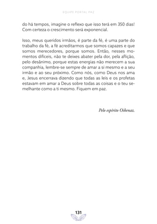 EQUIPE PORTAL PAZ
131
do há tempos, imagine o reflexo que isso terá em 350 dias!
Com certeza o crescimento será exponencial.
Isso, meus queridos irmãos, é parte da fé, é uma parte do
trabalho da fé, a fé acreditarmos que somos capazes e que
somos merecedores, porque somos. Então, nesses mo-
mentos difíceis, não te deixes abater pela dor, pela aflição,
pelo desânimo, porque estas energias não merecem a sua
companhia, lembre-se sempre de amar a si mesmo e a seu
irmão e ao seu próximo. Como nós, como Deus nos ama
e, Jesus encerrava dizendo que todas as leis e os profetas
estavam em amar a Deus sobre todas as coisas e o teu se-
melhante como a ti mesmo. Fiquem em paz.
Pelo espírito Oikenaz.
 
