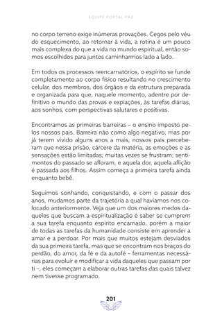 EQUIPE PORTAL PAZ
201
no corpo terreno exige inúmeras provações. Cegos pelo véu
do esquecimento, ao retornar à vida, a rotina é um pouco
mais complexa do que a vida no mundo espiritual, então so-
mos escolhidos para juntos caminharmos lado a lado.
Em todos os processos reencarnatórios, o espírito se funde
completamente ao corpo físico resultando no crescimento
celular, dos membros, dos órgãos e da estrutura preparada
e organizada para que, naquele momento, adentre por de-
finitivo o mundo das provas e expiações, às tarefas diárias,
aos sonhos, com perspectivas salutares e positivas.
Encontramos as primeiras barreiras – o ensino imposto pe-
los nossos pais. Barreira não como algo negativo, mas por
já terem vivido alguns anos a mais, nossos pais percebe-
ram que nessa prisão, cárcere da matéria, as emoções e as
sensações estão limitadas; muitas vezes se frustram; senti-
mentos do passado se afloram, e aquela dor, aquela aflição
é passada aos filhos. Assim começa a primeira tarefa ainda
enquanto bebê.
Seguimos sonhando, conquistando, e com o passar dos
anos, mudamos parte da trajetória a qual havíamos nos co-
locado anteriormente. Veja que um dos maiores medos da-
queles que buscam a espiritualização é saber se cumprem
a sua tarefa enquanto espírito encarnado, porém a maior
de todas as tarefas da humanidade consiste em aprender a
amar e a perdoar. Por mais que muitos estejam desviados
da sua primeira tarefa, mas que se encontram nos braços do
perdão, do amor, da fé e da autofé – ferramentas necessá-
rias para evoluir e modificar a vida daqueles que passam por
ti –, eles começam a elaborar outras tarefas das quais talvez
nem tivesse programado.
 