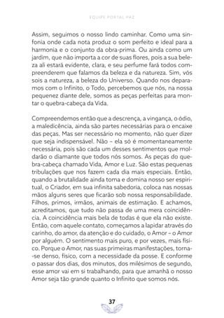 EQUIPE PORTAL PAZ
37
Assim, seguimos o nosso lindo caminhar. Como uma sin-
fonia onde cada nota produz o som perfeito e ideal para a
harmonia e o conjunto da obra-prima. Ou ainda como um
jardim, que não importa a cor de suas flores, pois a sua bele-
za ali estará evidente, clara, e seu perfume fará todos com-
preenderem que falamos da beleza e da natureza. Sim, vós
sois a natureza, a beleza do Universo. Quando nos depara-
mos com o Infinito, o Todo, percebemos que nós, na nossa
pequenez diante dele, somos as peças perfeitas para mon-
tar o quebra-cabeça da Vida.
Compreendemos então que a descrença, a vingança, o ódio,
a maledicência, ainda são partes necessárias para o encaixe
das peças. Mas ser necessário no momento, não quer dizer
que seja indispensável. Não – ela só é momentaneamente
necessária, pois são cada um desses sentimentos que mol-
darão o diamante que todos nós somos. As peças do que-
bra-cabeça chamado Vida, Amor e Luz. São estas pequenas
tribulações que nos fazem cada dia mais especiais. Então,
quando a brutalidade ainda toma e domina nosso ser espiri-
tual, o Criador, em sua infinita sabedoria, coloca nas nossas
mãos alguns seres que ficarão sob nossa responsabilidade.
Filhos, primos, irmãos, animais de estimação. E achamos,
acreditamos, que tudo não passa de uma mera coincidên-
cia. A coincidência mais bela de todas é que ela não existe.
Então, com aquele contato, começamos a lapidar através do
carinho, do amor, da atenção e do cuidado, o Amor – o Amor
por alguém. O sentimento mais puro, e por vezes, mais físi-
co. Porque o Amor, nas suas primeiras manifestações, torna-
-se denso, físico, com a necessidade da posse. E conforme
o passar dos dias, dos minutos, dos milésimos de segundo,
esse amor vai em si trabalhando, para que amanhã o nosso
Amor seja tão grande quanto o Infinito que somos nós.
 