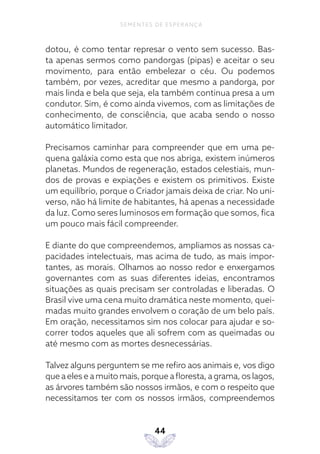 44
SEMENTES DE ESPERANÇA
dotou, é como tentar represar o vento sem sucesso. Bas-
ta apenas sermos como pandorgas (pipas) e aceitar o seu
movimento, para então embelezar o céu. Ou podemos
também, por vezes, acreditar que mesmo a pandorga, por
mais linda e bela que seja, ela também continua presa a um
condutor. Sim, é como ainda vivemos, com as limitações de
conhecimento, de consciência, que acaba sendo o nosso
automático limitador.
Precisamos caminhar para compreender que em uma pe-
quena galáxia como esta que nos abriga, existem inúmeros
planetas. Mundos de regeneração, estados celestiais, mun-
dos de provas e expiações e existem os primitivos. Existe
um equilíbrio, porque o Criador jamais deixa de criar. No uni-
verso, não há limite de habitantes, há apenas a necessidade
da luz. Como seres luminosos em formação que somos, fica
um pouco mais fácil compreender.
E diante do que compreendemos, ampliamos as nossas ca-
pacidades intelectuais, mas acima de tudo, as mais impor-
tantes, as morais. Olhamos ao nosso redor e enxergamos
governantes com as suas diferentes ideias, encontramos
situações as quais precisam ser controladas e liberadas. O
Brasil vive uma cena muito dramática neste momento, quei-
madas muito grandes envolvem o coração de um belo país.
Em oração, necessitamos sim nos colocar para ajudar e so-
correr todos aqueles que ali sofrem com as queimadas ou
até mesmo com as mortes desnecessárias.
Talvez alguns perguntem se me refiro aos animais e, vos digo
que a eles e a muito mais, porque a floresta, a grama, os lagos,
as árvores também são nossos irmãos, e com o respeito que
necessitamos ter com os nossos irmãos, compreendemos
 