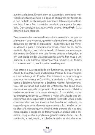 EQUIPE PORTAL PAZ
59
ausência da água. E você, com as tuas mãos, consegue mo-
vimentar e fazer a chuva e a água ali chegarem revitalizando
o que de belo existe naquele ambiente. Isto é espiritualizar-
-se. Não é ser a flor, mas é dar condição para que a flor seja
bela. Dar condição para que a vida ocorra. (inaudível). […] a
essência para cada ser.
Desde a existência mineral à existência celestial – porque no
planeta em que vivemos, que é um planeta levíssimo, diante
daqueles de provas e expiações – sabemos que do mine-
ral viemos e para o mineral voltaremos, como corpo, como
matéria. Agora, como habitantes do Universo, sabemos que
das mãos do Criador, em Luz fomos criados e lançados, e
em Luz capaz de dar vida não apenas a uma flor, mas a um
planeta, a um sistema. Retornaremos. Somos Luz, fomos
Luz e seremos Luz, você queira ou não queira.
Não atrase a sua capacidade de iluminar-se, porque tu és o
Amor, tu és a Paz, tu és a Sabedoria. Porque tu és a imagem
e a semelhança do Criador. Caminhamos a passos largos
para nos tornarmos o Caminho, a Verdade e a Vida, assim
como o Sublime Peregrino, o Sublime Mestre, foi e demons-
trou. Os calvários aos quais Ele enfrentou não serão mais
necessários naquela proporção. Mas os nossos calvários
serão necessários para nossa elevação. E há calvário maior
que negar que somos Luz? Hoje, a maior dificuldade que en-
contramos, meus queridos e amados Filhos de Deus, é não
compreendermos que somos a Luz. No dia, no instante, no
segundo que entendermos que somos a luz, então, a dor
se afastará, não porque ela fugirá, mas porque ela não terá
mais espaço. E então ela se transmutará. A aflição será a pri-
meira, porque não suportará a grandiosidade do teu ser. A
paciência, a resignação, a tolerância serão as virtudes mais
 