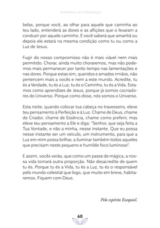 60
SEMENTES DE ESPERANÇA
belas, porque você, ao olhar para aquele que caminha ao
teu lado, entenderá as dores e as aflições que o levaram a
conduzir por aquele caminho. E você saberá que amanhã ou
depois ele estará na mesma condição como tu ou como a
Luz de Jesus.
Fugir do nosso compromisso não é mais viável nem mais
permitido. Chorar, ainda muito choraremos, mas não pode-
mos mais permanecer por tanto tempo nas lamentações e
nas dores. Porque estas sim, queridos e amados irmãos, não
pertencem mais a vocês e nem a este mundo. Acredite, tu
és a Verdade, tu és a Luz, tu és o Caminho, tu és a Vida. Esta-
mos como aprendizes de Jesus, porque já somos cocriado-
res do Universo. Porque como disse, nós somos o Universo.
Esta noite, quando colocar tua cabeça no travesseiro, eleve
teu pensamento à Perfeição e à Luz. Chame de Deus, chame
de Criador, chame de Essência, chame como preferir, mas
eleve teu pensamento a Ele e diga: “Senhor, que seja feita a
Tua Vontade, e não a minha, nesse instante. Que eu possa
nesse instante ser um veículo, um instrumento, para que a
Luz em mim possa brilhar, a iluminar também todos aqueles
que precisam neste pequeno e humilde foco luminoso”.
E assim, vocês verão, que como um passe de mágica, a nos-
sa vida tomará outra proporção. Não desacredite de quem
tu és. Porque tu és a Vida, tu és a Luz, tu és o responsável
pelo mundo celestial que logo, que muito em breve, habita-
remos. Fiquem com Deus.
Pelo espírito Ezequiel.
 