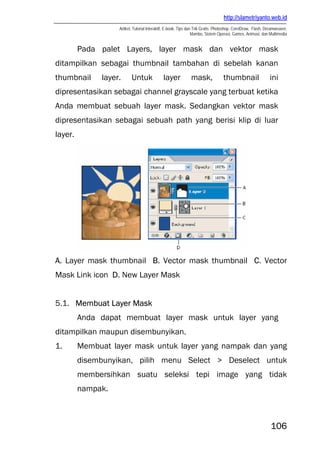 http://slametriyanto.web.id
Artikel, Tutorial Interaktif, E-book, Tips dan Trik Gratis: Photoshop, CorelDraw, Flash, Dreamweaver,
Mambo, Sistem Operasi, Games, Animasi, dan Multimedia
106
Pada palet Layers, layer mask dan vektor mask
ditampilkan sebagai thumbnail tambahan di sebelah kanan
thumbnail layer. Untuk layer mask, thumbnail ini
dipresentasikan sebagai channel grayscale yang terbuat ketika
Anda membuat sebuah layer mask. Sedangkan vektor mask
dipresentasikan sebagai sebuah path yang berisi klip di luar
layer.
A. Layer mask thumbnail B. Vector mask thumbnail C. Vector
Mask Link icon D. New Layer Mask
5.1. Membuat Layer Mask
Anda dapat membuat layer mask untuk layer yang
ditampilkan maupun disembunyikan.
1. Membuat layer mask untuk layer yang nampak dan yang
disembunyikan, pilih menu Select > Deselect untuk
membersihkan suatu seleksi tepi image yang tidak
nampak.
 