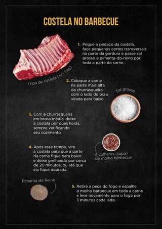 COSTELA NO BARBECUE
1 ripa de costela (+/- 1 k
g
)
Sal grosso
4 colheres (sopa)
de molho barbecue
Pimenta do Reino
Pegue o pedaço da costela,
faça pequenos cortes transversais
na parte da gordura e passe sal
grosso e pimenta-do-reino por
toda a parte da carne.
1.
Coloque a carne
na parte mais alta
da churrasqueira
com o lado do osso
virada para baixo.
2.
Com a churrasqueira
em brasa média, deixe
a costela por duas horas,
sempre verificando
seu cozimento
3.
Após esse tempo, vire
a costela para que a parte
da carne fique para baixo
e deixe grelhando por cerca
de 20 minutos, ou até que
ela fique dourada.
4.
Retire a peça do fogo e espalhe
o molho barbecue em toda a carne
e leve novamente para o fogo por
3 minutos cada lado.
5.
 
