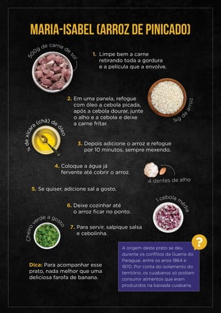 A origem deste prato se deu
durante os conflitos da Guerra do
Paraguai, entre os anos 1864 e
1870. Por conta do isolamento do
território, os cuiabanos só podiam
consumir alimentos que eram
produzidos na baixada cuiabana.
MARIA-ISABEL (ARROZ DE PINICADO)
Limpe bem a carne
retirando toda a gordura
e a película que a envolve.
1.
Em uma panela, refogue
com óleo a cebola picada,
após a cebola dourar, junte
o alho e a cebola e deixe
a carne fritar.
2.
Depois adicione o arroz e refogue
por 10 minutos, sempre mexendo.
3.
Coloque a água já
fervente até cobrir o arroz.
4.
Se quiser, adicione sal a gosto.
5.
Deixe cozinhar até
o arroz ficar no ponto.
6.
Para servir, salpique salsa
e cebolinha.
7.
Dica: Para acompanhar esse
prato, nada melhor que uma
deliciosa farofa de banana.
1kg
d
e
a
r
r
o
z
¼
d
e
x
í
c
a
r
a
(chá) de
ó
l
e
o
C
h
e
i
r
o
verde a gos
t
o
1 cebola m
é
d
i
a
4 dentes de alho
5
0
0g de carne de
s
o
l
 
