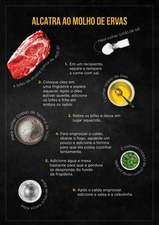 ALCATRA AO MOLHO DE ERVAS
Em um recipiente,
separe e tempere
a carne com sal.�
1.
Coloque óleo em
uma frigideira e espere
aquecer. Após o óleo
estiver quente, adicione
os bifes e frite em
ambos os lados.
2.
Para engrossar o caldo,
abaixe o fogo, aguarde um
pouco e adicione a farinha
para que ela possa cozinhar
lentamente.
4.
Adicione água e mexa
bastante para que a gordura
se desprenda do fundo
da frigideira.
5.
Após o caldo engrossar,
adicione a salsa e a cebolinha
6.
Retire os bifes e deixe em
lugar aquecido.
3.
4 bifes de alcat
r
a
(
c
e
rca
de
4
0
0
g
)
Meia colher (chá) de sal
1
c
o
l
h
e
r
(
s
o
pa) de óleo
M
e
i
a
c
o
l
h
e
r
(sopa) de fari
n
h
a
d
e
t
r
i
g
o
Meia xícara
(
c
h
á
)
d
e
á
g
u
a
2 colheres (
s
o
p
a
)
d
e
c
h
e
i
r
o
v
e
r
d
e
p
i
c
a
d
o
 