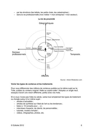 − par les émotions (les bébés, les petits chats, les catastrophes) ;
   − dans la vie professionnelle (mon métier > mon entreprise > mon secteur).

                                 La loi de proximité




                                                             Source : Action-Redaction.com

Varier les types de contenus et les traitements

Pour vous différencier des millions de contenus publiés sur le même sujet sur la
Toile, publiez du contenu original. Halte au copier-coller ! Adoptez un angle neuf,
essayez d’avoir une vision différente, parlez avec vos mots.

Et si vous n’avez pas l’idée du siècle, variez tout simplement les types de traitement
ou d’angle autour d’un même sujet :
    − articles d’actualités ;
    − articles de synthèse sur l’état de l’art ou les tendances ;
    − listes (« 10 conseils pour… ») ;
    − interviews d’experts, de clients, de personnalités ;
    − tutoriels, modes d’emploi ;
    − vidéos, infographies, photos, etc.




© Editoile 2012                                                                          6
 