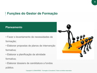 Copyright © | ZONAVERDE - Formação e Consultoria | Todos os direitos reservados.
Texto em destaque
Funções do Gestor de Formação
Planeamento
• Fazer o levantamento de necessidades de
formação;
• Elaborar propostas de planos de intervenção
formativa;
• Elaborar a planificação da atividade
formativa;
• Elaborar dossiers de candidatura a fundos
público.
6
 