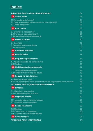 3
ÍNDICE
Índice
Salvar vidas									 04
Evacuação										 06
Riscos à saúde 									 10
Cuidados elétricos								 12
Funcionários									 13
Segurança patrimonial								 14
Mobilização do condomínio 							 15
Seguro no condomínio							 17
Limpeza										 19
Inspeção predial									 20
Comunicação									 24
Saúde financeira									 22
1.1 Por onde se informar?								 04
1.2 Qual a recomendação durante a fase 1 (Maio)?				 05
1.3 Onde é seguro?									 05
2.1 Quando é necessária?								 06
2.2 Por que é perigoso ficar?								 06
2.3 Procedimentos de evacuação							 07
3.1 Doenças 										 10
3.2 Abastecimento de água								 11
3.3 Alternativas										 11
6.1 Água entrando no condomínio							 14
6.2 Roubos											 14
7.1 Comissões de moradores								 15
7.2 Condomínio unido pela causa							 16
8.1 Pontos de atenção!									 18
8.2 Exclusões significativas em coberturas de alagamento ou inundação 18
9.1 Materiais necessários								 19
9.2 Orientações para limpeza								 19
10.1 Manutenções mais complexas 							 21
10.2 Cuidados nas cotações								 21
11.1 Medidas										 22
11.2 Oriente os condôminos 						 23
11.3 Suporte das Administradoras							 23
PRIMEIRA FASE - ATUAL (EMERGENCIAL)					 04
SEGUNDA FASE - QUANDO A ÁGUA BAIXAR					 19
TERCEIRA FASE - PREVENÇÃO							 25
01.
02.
03.
04.
05.
06.
07.
08.
09.
10.
12.
11.
 