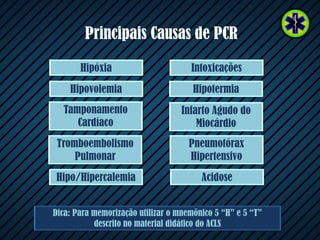Principais Causas de PCR
Hipóxia
Hipovolemia Hipotermia
Hipo/Hipercalemia Acidose
Pneumotórax
Hipertensivo
Intoxicações
Infarto Agudo do
Miocárdio
Tromboembolismo
Pulmonar
Tamponamento
Cardíaco
Dica: Para memorização utilizar o mnemônico 5 “H” e 5 “T”
descrito no material didático do ACLS
 