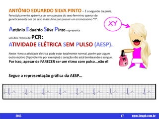 17 www.ibraph.com.br
ANTÔNIO EDUARDO SILVA PINTO – É o segundo da prole.
Fenotipicamente aparenta ser uma pessoa do sexo feminino apenar de
geneticamente ser do sexo masculino por possuir um cromossomo “Y”.
Antônio Eduardo Silva Pinto representa
um dos ritmos de PCR:
ATIVIDADE ELÉTRICA SEM PULSO (AESP)..
Neste ritmo a atividade elétrica pode estar totalmente normal, porém por algum
outro motivo (hipovolemia por exemplo) o coração não está bombeando o sangue.
Por isso, apesar de PARECER ser um ritmo com pulso...não é!
Segue a representação gráfica da AESP...
XY
2015
 