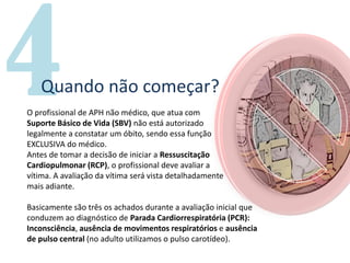 Quando não começar?
O profissional de APH não médico, que atua com
Suporte Básico de Vida (SBV) não está autorizado
legalmente a constatar um óbito, sendo essa função
EXCLUSIVA do médico.
Antes de tomar a decisão de iniciar a Ressuscitação
Cardiopulmonar (RCP), o profissional deve avaliar a
vítima. A avaliação da vítima será vista detalhadamente
mais adiante.
Basicamente são três os achados durante a avaliação inicial que
conduzem ao diagnóstico de Parada Cardiorrespiratória (PCR):
Inconsciência, ausência de movimentos respiratórios e ausência
de pulso central (no adulto utilizamos o pulso carotídeo).
 