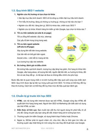 1.5. Quy trình SEO 1 website
1. Nghiên cứu thị trường và lựa chọn từ khóa
+ Xác lập mục tiêu kinh doanh: SEO chỉ là công cụ nhằm đạt mục tiêu kinh doanh.
+ Tìm hiểu thị trường: đang có những xu hướng gì, những cơ hội nào cho bạn ?
+ Nghiên cứu đối thủ: đang làm gì, SEO từ khóa nào, chiến lược SEO ?
+ Nghiên cứu từ khóa: Khách hàng tìm kiếm gì trên Google, bạn chọn từ khóa nào ?
2. Tối ưu trên website (on-site & on-page)
Tối ưu tổng thể website: cấu trúc, sitemap
Các yếu tố bên trong từng trang web.
3. Tối ưu bên ngoài website
(off-site & off-page)
Xây dựng liên kết bên trong website.
Các liên kết với thế giới bên ngoài.
Social Links – Liên kết từ mạng xã hội.
Lưu lượng truy cập vào website.
4. Đo lường, đánh giá và điều chỉnh
Đo lường hiệu quả kinh doanh, lượng truy cập tăng hay giảm, thứ hạng từ khóa trên
Google, xếp hạng alexa, số lượng liên kết, nguồn đặt liên kết, xu hướng từ khóa, đối
thủ có các thay đổi gì.. từ đó bạn sẽ đưa ra những điều chỉnh cho phù hợp.
Bước đầu tiên là quan trọng nhất vì nó ảnh hưởng đến hiệu quả cuối cùng của chiến dịch
SEO. Quy trình được lặp lại liên tục trong suốt quá trình SEO. Từ khóa có thể thay đổi tùy
theo thị trường. Cách làm có thể thay đổi tùy theo mức độ hiệu quả bạn đánh giá.

1.6. Chuẩn bị gì trước khi học SEO
1. HTML: các nội dung trên Internet được tạo bởi HTML, Google cũng đọc HTML để
quyết định thứ hạng trang web. Người làm SEO và Marketing cần biết cách sử dụng
các thẻ HTML cơ bản.
2. Kiến thức về lĩnh vực: Bạn muốn bài viết thu hút người dùng thì phải hiểu rõ về
chủ đề. Càng chuyên sâu bạn càng dễ viết, khách hàng sẽ tin tưởng bạn hơn.
3. Thường xuyên tìm kiếm Google, sử dụng thành thạo Firefox hoặc Chrome.
4. Ngoài ra, SEOer phải là người chăm chỉ, chịu khó, đầu tư thời gian tìm hiểu và
thường xuyên cập nhật thông tin mới cũng như các thay đổi thuật toán của Google.
iNET SEO MASTER 2014

V3.0 - 18/12/2013

6

 