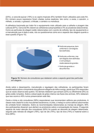 (23%), a cana-de-açúcar (19%) e os capins tropicais (6%) também foram utilizados para este fim.
Em número pouco expressivo foram citadas outras espécies, tais como: a aveia, o azevém, o
milheto, a cevada, o girassol, o triticale, o centeio e a mandioca.

A colhedora tracionada por trator foi o equipamento mais utilizado para a colheita e picagem das
culturas (87%). Cerca de 9% citaram as colhedoras autopropelidas e 4% as picadoras estacionárias.
Como as partículas da silagem estão relacionadas com o ponto de colheita, tipo de equipamento e
a manutenção que é dada a este, nós os questionamos como era o aspecto das silagens quanto a
esse quesito (Figura 10).




                                                                 Partículas pequenas, bem
                         27                                      uniformes e com ângulos
                                                  64             bem definidos


                                                                 Partículas uniformes, mas
                                                                 sem ângulos bem definidos
                                                                 e com pedaços
                                                                 moderadamente grandes
                                                                 Partículas grandes e
                                                                 desuniformes
                  145



      Figura 10. Número de consultores que relataram sobre o aspecto geral das partículas
      em silagens


Ainda sobre o desempenho, manutenção e regulagem das colhedoras, os participantes foram
questionados sobre o rompimento dos grãos em silagens de milho e sorgo, sendo que 70% respondeu
que as vezes observa esta quebra. Os demais relataram que sempre (22%) ou dificilmente (8%) os
grãos estão rompidos. Sobre a observação de grãos inteiros nas fezes dos animais, 55% relataram
que isso ocorre e 45% nunca presenciaram este fato.

Cento e trinta e oito consultores (59%) responderam que recomendam aditivos aos produtores. A
classe mais citada foi a dos inoculantes bacterianos. A uréia, o melaço e outros aditivos absorventes
de umidade foram relatados. Sobre as recomendações relacionadas ao manejo da silagem, 95%
dos participantes disseram que alertam os produtores sobre a compactação da massa. O segundo
aspecto de maior atenção dos consultores (93%) foi quanto ao descarte de silagem deteriorada,
seguido pelo retirada de silagem (78%), tipo de silo (74%), tipo de lona (74%) e material sobre a
lona (68%).




12 | LEVANTAMENTO SOBRE PRÁTICAS DE ENSILAGEM
 