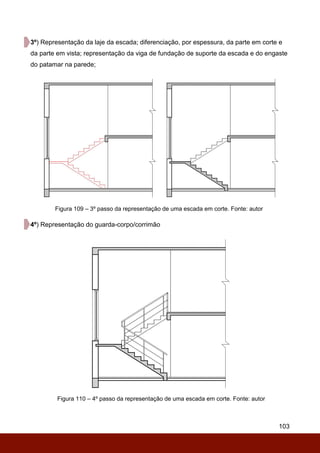 103
3º) Representação da laje da escada; diferenciação, por espessura, da parte em corte e
da parte em vista; representação da viga de fundação de suporte da escada e do engaste
do patamar na parede;
Figura 109 – 3º passo da representação de uma escada em corte. Fonte: autor
4º) Representação do guarda-corpo/corrimão
Figura 110 – 4º passo da representação de uma escada em corte. Fonte: autor
 