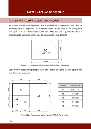 106
PARTE 5 – FOLHAS DE DESENHO
5.1 FORMATO PADRÃO BÁSICO E DERIVAÇÕES
As Normas Brasileiras de Desenho Técnico estabelecem como padrão para folhas de
desenho a série “A” do padrão ISO. O formato básico para da série “A” é o retângulo de
área igual a 1 m² e de lados medindo 841 mm x 1189 mm, isto é, guardando entre si a
mesma relação que existe entre o lado de um quadrado e sua diagonal.
Figura 114 – Origem dos formatos da Série ISO-A1. Fonte autor
Deste formato básico, designado por A0 (A zero), deriva-se a série "A" pela bipartição ou
pela duplicação sucessiva
Figura 115 – Formatos derivados da série ISSO-A. Fonte: autor
 