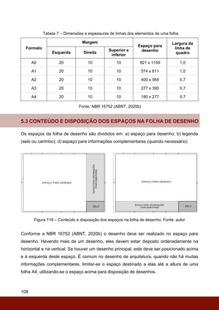 108
Tabela 7 – Dimensões e espessuras de linhas dos elementos de uma folha.
Formato
Margem
Espaço para
desenho
Largura da
linha de
quadro
Esquerda Direita
Superior e
inferior
A0 20 10 10 821 x 1159 1,0
A1 20 10 10 574 x 811 1,0
A2 20 10 10 400 x 564 0,7
A3 20 10 10 277 x 390 0,7
A4 20 10 10 180 x 277 0,7
5.3 CONTEÚDO E DISPOSIÇÃO DOS ESPAÇOS NA FOLHA DE DESENHO
Os espaços da folha de desenho são divididos em: a) espaço para desenho; b) legenda
(selo ou carimbo); d) espaço para informações complementares (quando necessário)
Figura 118 – Conteúdo e disposição dos espaços na folha de desenho. Fonte: autor
Conforme a NBR 16752 (ABNT, 2020b) o desenho deve ser realizado no espaço para
desenho. Havendo mais de um desenho, eles devem estar disposto ordenadamente na
horizontal e na vertical. Se houver um desenho principal, este deve ser posicionado acima
e à esquerda deste espaço. É comum no desenho de arquitetura, quando não há muitas
informações complementares, limitar-se o espaço destinado a elas até a altura de uma
folha A4, utilizando-se o espaço acima para disposição de desenhos.
Fonte: NBR 16752 (ABNT, 2020b)
 