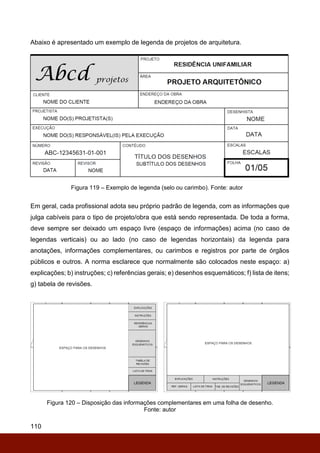 110
Abaixo é apresentado um exemplo de legenda de projetos de arquitetura.
Figura 119 – Exemplo de legenda (selo ou carimbo). Fonte: autor
Em geral, cada profissional adota seu próprio padrão de legenda, com as informações que
julga cabíveis para o tipo de projeto/obra que está sendo representada. De toda a forma,
deve sempre ser deixado um espaço livre (espaço de informações) acima (no caso de
legendas verticais) ou ao lado (no caso de legendas horizontais) da legenda para
anotações, informações complementares, ou carimbos e registros por parte de órgãos
públicos e outros. A norma esclarece que normalmente são colocados neste espaço: a)
explicações; b) instruções; c) referências gerais; e) desenhos esquemáticos; f) lista de itens;
g) tabela de revisões.
Figura 120 – Disposição das informações complementares em uma folha de desenho.
Fonte: autor
 