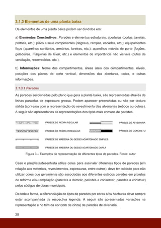 28
3.1.3 Elementos de uma planta baixa
Os elementos de uma planta baixa podem ser divididos em:
a) Elementos Construtivos: Paredes e elementos estruturais; aberturas (portas, janelas,
portões, etc.); pisos e seus componentes (degraus, rampas, escadas, etc.); equipamentos
fixos (aparelhos sanitários, armários, lareiras, etc.); aparelhos móveis de porte (fogões,
geladeiras, máquinas de lavar, etc.) e elementos de importância não visíveis (dutos de
ventilação, reservatórios, etc.).
b) Informações: Nome dos compartimentos, áreas úteis dos compartimentos, níveis,
posições dos planos de corte vertical, dimensões das aberturas, cotas, e outras
informações.
3.1.3.1 Paredes
As paredes seccionadas pelo plano que gera a planta baixa, são representadas através de
linhas paralelas de espessura grossa. Podem aparecer preenchidas ou não por textura
sólida (cor) e/ou com a representação do revestimento das alvenarias (reboco ou outros).
A seguir são apresentadas as representações dos tipos mais comuns de paredes.
Figura 3 – Exemplos de representação de diferentes tipos de paredes. Fonte: autor
Caso o projetista/desenhista utilize cores para assinalar diferentes tipos de paredes (em
relação aos materiais, revestimentos, espessuras, entre outros), deve ter cuidado para não
utilizar cores que geralmente são associadas aos diferentes estados paredes em projetos
de reforma e/ou ampliação (paredes a demolir, paredes a conservar, paredes a construir)
pelos códigos de obras municipais.
De toda a forma, a diferenciação de tipos de paredes por cores e/ou hachuras deve sempre
estar acompanhada da respectiva legenda. A seguir são apresentadas variações na
representação e no tom da cor (tom de cinza) de paredes de alvenaria.
 
