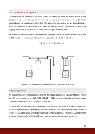 31
3.1.3.3 Elementos em projeção
Os elementos da construção situados acima do plano de corte da planta baixa, e por
consequência, não visíveis, devem ser representados em projeção através de linhas
tracejadas ou de linha traço dois pontos. São assim representados: beirais das coberturas,
vãos de aberturas e esquadrias (incluindo iluminação zenital), elementos da estrutura
(vigas), chaminés, alçapões, mezaninos, caixa d’água, escadas, etc.
As linhas que representam os elementos em projeção devem ser finas a médias (0,25 mm
a 0,30 mm) e recomenda-se o tamanho do tracejado entre 0.15 m e 0.10 m.
Figura 7 – Representação de elementos em projeção. Fonte: autor
3.1.3.4 Esquadrias
As esquadrias, em geral utilizadas na forma de blocos, podem ser representadas de forma
simplificada, conforme a NBR 6492 (ABNT, 1994), ou mais detalhada (vistos serem
desenhos repetitivos que podem compor blocos).
A seguir são apresentadas representações simplificadas de porta e janela formadas por
linhas independentes, e representações mais detalhada das mesmas esquadrias, as quais
foram desenhadas com a finalidade de compor um bloco para uso repetitivo. Quanto menor
a escala de impressão mais simplificada deve ser a representação da esquadria.
 