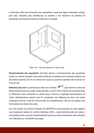 39
é informada. Além das dimensões das esquadrias é usual que sejam informados códigos
para elas, utilizados para identificá-las na planilha e nos desenhos de detalhes de
esquadrias que frequentemente acompanham os projetos.
Figura 16 – Vãos das aberturas. Fonte: autor
Posicionamento das esquadrias: Somente cota-se o posicionamento das esquadrias
quanto os valores das golas das portas (distância da abertura até a parede próxima) não
são valores padrões (10 cm na maioria dos casos) ou quando as janelas não se situam no
meio do vão.
Referência de nível: na planta baixa utiliza-se o símbolo para informar a altura de
determinados pontos do projeto (neste exemplo, o nível 0.15m). Devem ser indicados todos
os diferentes níveis presentes na planta baixa. Evita-se a repetição desnecessária de
níveis, identificando-os sempre que for visualizada uma diferença de nível, não sendo
necessário informar a cota de nível de todos os compartimentos, mas sim os lugares onde
há mudança nas alturas dos pisos.
Os níveis devem ser sempre indicados em METROS e acompanhados do sinal negativo
caso localizarem abaixo do nível de referência (0.00) – (opcionalmente pode ser usado o
sinal positivo para o caso de níveis localizados acima do nível de referência). São indicados
com referência ao nível ZERO do projeto.
 