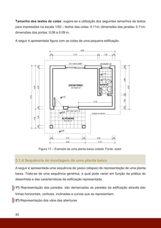 40
Tamanho dos textos de cotas: sugere-se a utilização dos seguintes tamanhos de textos
para impressões na escala 1/50 – textos das cotas: 0.11m; dimensões das janelas: 0.11m;
dimensões das portas: 0.08 a 0.09 m.
A seguir é apresentada figura com as cotas de uma pequena edificação.
Figura 17 – Exemplo de uma planta baixa cotada. Fonte: autor
3.1.4 Sequência de montagem de uma planta baixa
A seguir é apresentada uma sequência de passo (etapas) de representação de uma planta
baixa. Trata-se de uma sequência genérica, a qual pode variar em função da prática do
desenhista e das características da edificação representada.
1º) Representação das paredes: são demarcadas as paredes da edificação através das
linhas horizontais, verticais, inclinadas e curvas que as representam;
2º) Representação dos vãos das aberturas
 