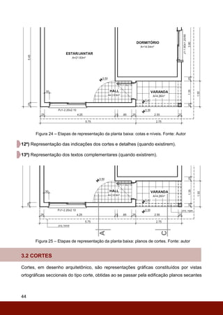 44
Figura 24 – Etapas de representação da planta baixa: cotas e níveis. Fonte: Autor
12º) Representação das indicações dos cortes e detalhes (quando existirem).
13º) Representação dos textos complementares (quando existirem).
Figura 25 – Etapas de representação da planta baixa: planos de cortes. Fonte: autor
3.2 CORTES
Cortes, em desenho arquitetônico, são representações gráficas constituídos por vistas
ortográficas seccionais do tipo corte, obtidas ao se passar pela edificação planos secantes
 