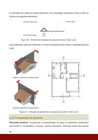46
A indicação dos cortes em planta baixa tem uma simbologia específica e deve conter no
mínimo os seguintes elementos:
Figura 26 – Símbolo de indicação dos planos de cortes. Fonte: autor
Opcionalmente, pode ser informado o número da prancha que contém a representação do
corte.
Figura 27 – Indicação do sentido de visualização dos cortes. Fonte: autor
3.2.2 Composição do desenho
Elementos gráficos: compreende a representação de todos os elementos construtivos
seccionados e visualizados, e mesmo, quando necessário, eventuais partes não visíveis
 