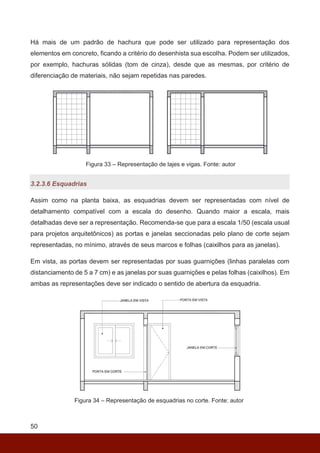 50
Há mais de um padrão de hachura que pode ser utilizado para representação dos
elementos em concreto, ficando a critério do desenhista sua escolha. Podem ser utilizados,
por exemplo, hachuras sólidas (tom de cinza), desde que as mesmas, por critério de
diferenciação de materiais, não sejam repetidas nas paredes.
Figura 33 – Representação de lajes e vigas. Fonte: autor
3.2.3.6 Esquadrias
Assim como na planta baixa, as esquadrias devem ser representadas com nível de
detalhamento compatível com a escala do desenho. Quando maior a escala, mais
detalhadas deve ser a representação. Recomenda-se que para a escala 1/50 (escala usual
para projetos arquitetônicos) as portas e janelas seccionadas pelo plano de corte sejam
representadas, no mínimo, através de seus marcos e folhas (caixilhos para as janelas).
Em vista, as portas devem ser representadas por suas guarnições (linhas paralelas com
distanciamento de 5 a 7 cm) e as janelas por suas guarnições e pelas folhas (caixilhos). Em
ambas as representações deve ser indicado o sentido de abertura da esquadria.
Figura 34 – Representação de esquadrias no corte. Fonte: autor
 