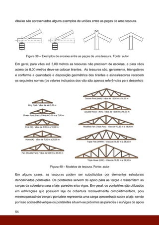 54
Abaixo são apresentados alguns exemplos de uniões entre as peças de uma tesoura.
Figura 39 – Exemplos de encaixe entre as peças de uma tesoura. Fonte: autor
Em geral, para vãos até 3,00 metros as tesouras não precisam de escoras, e para vãos
acima de 8,00 metros deve-se colocar tirantes. As tesouras são, geralmente, triangulares
e conforme a quantidade e disposição geométrica dos tirantes e asnas/escoras recebem
os seguintes nomes (os valores indicados dos vão são apenas referências para desenho):
Figura 40 – Modelos de tesoura. Fonte: autor
Em alguns casos, as tesouras podem ser substituídas por elementos estruturais
denominados pontaletes. Os pontaletes servem de apoio para as terças e transmitem as
cargas da cobertura para a laje, paredes e/ou vigas. Em geral, os pontaletes são utilizados
em edificações que possuem laje de cobertura razoavelmente compartimentada, pois
mesmo possuindo berço o pontalete representa uma carga concentrada sobre a laje, sendo
por isso aconselhável que os pontaletes situem-se próximos as paredes e ou/vigas de apoio
 