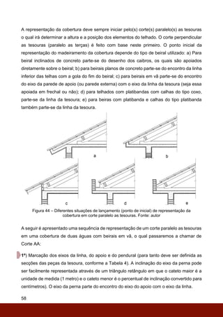 58
A representação da cobertura deve sempre iniciar pelo(s) corte(s) paralelo(s) as tesouras
o qual irá determinar a altura e a posição dos elementos do telhado. O corte perpendicular
as tesouras (paralelo as terças) é feito com base neste primeiro. O ponto inicial da
representação do madeiramento da cobertura depende do tipo de beiral utilizado: a) Para
beiral inclinados de concreto parte-se do desenho dos caibros, os quais são apoiados
diretamente sobre o beiral; b) para beirais planos de concreto parte-se do encontro da linha
inferior das telhas com a gola do fim do beiral; c) para beirais em vã parte-se do encontro
do eixo da parede de apoio (ou parede externa) com o eixo da linha da tesoura (seja essa
apoiada em frechal ou não); d) para telhados com platibandas com calhas do tipo coxo,
parte-se da linha da tesoura; e) para beiras com platibanda e calhas do tipo platibanda
também parte-se da linha da tesoura.
Figura 44 – Diferentes situações de lançamento (ponto de inicial) de representação da
cobertura em corte paralelo as tesouras. Fonte: autor
A seguir é apresentado uma sequência de representação de um corte paralelo as tesouras
em uma cobertura de duas águas com beirais em vã, o qual passaremos a chamar de
Corte AA:
1º) Marcação dos eixos da linha, do apoio e do pendural (para tanto deve ser definida as
secções das peças da tesoura, conforme a Tabela 4). A inclinação do eixo da perna pode
ser facilmente representada através de um triângulo retângulo em que o cateto maior é a
unidade de medida (1 metro) e o cateto menor é o percentual de inclinação convertido para
centímetros). O eixo da perna parte do encontro do eixo do apoio com o eixo da linha.
 