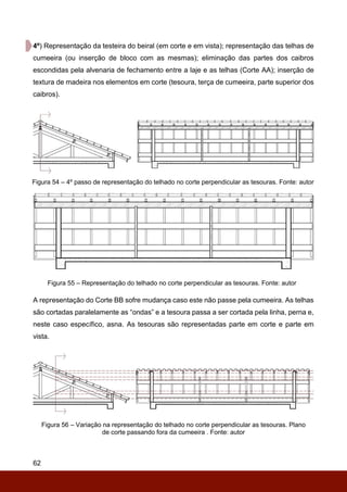 62
4º) Representação da testeira do beiral (em corte e em vista); representação das telhas de
cumeeira (ou inserção de bloco com as mesmas); eliminação das partes dos caibros
escondidas pela alvenaria de fechamento entre a laje e as telhas (Corte AA); inserção de
textura de madeira nos elementos em corte (tesoura, terça de cumeeira, parte superior dos
caibros).
Figura 54 – 4º passo de representação do telhado no corte perpendicular as tesouras. Fonte: autor
Figura 55 – Representação do telhado no corte perpendicular as tesouras. Fonte: autor
A representação do Corte BB sofre mudança caso este não passe pela cumeeira. As telhas
são cortadas paralelamente as “ondas” e a tesoura passa a ser cortada pela linha, perna e,
neste caso específico, asna. As tesouras são representadas parte em corte e parte em
vista.
Figura 56 – Variação na representação do telhado no corte perpendicular as tesouras. Plano
de corte passando fora da cumeeira . Fonte: autor
 