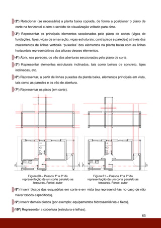 65
2º) Rotacionar (se necessário) a planta baixa copiada, de forma a posicionar o plano de
corte na horizontal e com o sentido de visualização voltado para cima.
3º) Representar os principais elementos seccionados pelo plano de cortes (vigas de
fundações, lajes, vigas de amarração, vigas estruturais, contrapisos e paredes) através dos
cruzamentos de linhas verticais “puxadas” dos elementos na planta baixa com as linhas
horizontais representativas das alturas desses elementos.
4º) Abrir, nas paredes, os vão das aberturas seccionadas pelo plano de corte.
5º) Representar elementos estruturais inclinados, tais como beirais de concreto, lajes
inclinadas, etc.
6º) Representar, a partir de linhas puxadas da planta baixa, elementos principais em vista,
tais como as paredes e os vão de abertura.
7º) Representar os pisos (em corte).
Figura 60 – Passos 1º a 3º da
representação de um corte paralelo as
tesouras. Fonte: autor
Figura 61 – Passos 4º a 7º da
representação de um corte paralelo as
tesouras. Fonte: autor
8º) Inserir blocos das esquadrias em corte e em vista (ou representá-las no caso de não
haver blocos específicos).
9º) Inserir demais blocos (por exemplo: equipamentos hidrossanitários e fixos).
10º) Representar a cobertura (estrutura e telhas).
 