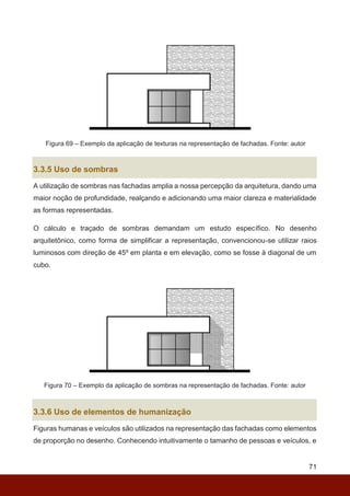 71
Figura 69 – Exemplo da aplicação de texturas na representação de fachadas. Fonte: autor
3.3.5 Uso de sombras
A utilização de sombras nas fachadas amplia a nossa percepção da arquitetura, dando uma
maior noção de profundidade, realçando e adicionando uma maior clareza e materialidade
as formas representadas.
O cálculo e traçado de sombras demandam um estudo específico. No desenho
arquitetônico, como forma de simplificar a representação, convencionou-se utilizar raios
luminosos com direção de 45º em planta e em elevação, como se fosse à diagonal de um
cubo.
Figura 70 – Exemplo da aplicação de sombras na representação de fachadas. Fonte: autor
3.3.6 Uso de elementos de humanização
Figuras humanas e veículos são utilizados na representação das fachadas como elementos
de proporção no desenho. Conhecendo intuitivamente o tamanho de pessoas e veículos, e
 