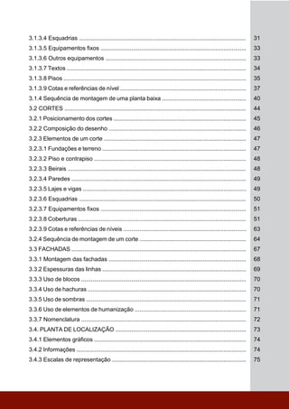 3.1.3.4 Esquadrias ....................................................................................................... 31
3.1.3.5 Equipamentos fixos .......................................................................................... 33
3.1.3.6 Outros equipamentos ....................................................................................... 33
3.1.3.7 Textos ............................................................................................................... 34
3.1.3.8 Pisos ................................................................................................................. 35
3.1.3.9 Cotas e referências de nível .............................................................................. 37
3.1.4 Sequência de montagem de uma planta baixa .................................................... 40
3.2 CORTES ................................................................................................................ 44
3.2.1 Posicionamento dos cortes .................................................................................. 45
3.2.2 Composição do desenho ..................................................................................... 46
3.2.3 Elementos de um corte ........................................................................................ 47
3.2.3.1 Fundações e terreno ......................................................................................... 47
3.2.3.2 Piso e contrapiso .............................................................................................. 48
3.2.3.3 Beirais .............................................................................................................. 48
3.2.3.4 Paredes ............................................................................................................ 49
3.2.3.5 Lajes e vigas ..................................................................................................... 49
3.2.3.6 Esquadrias ....................................................................................................... 50
3.2.3.7 Equipamentos fixos .......................................................................................... 51
3.2.3.8 Coberturas ........................................................................................................ 51
3.2.3.9 Cotas e referências de níveis ............................................................................ 63
3.2.4 Sequência de montagem de um corte .................................................................. 64
3.3 FACHADAS ............................................................................................................ 67
3.3.1 Montagem das fachadas ..................................................................................... 68
3.3.2 Espessuras das linhas ......................................................................................... 69
3.3.3 Uso de blocos ...................................................................................................... 70
3.3.4 Uso de hachuras .................................................................................................. 70
3.3.5 Uso de sombras ................................................................................................... 71
3.3.6 Uso de elementos de humanização ..................................................................... 71
3.3.7 Nomenclatura ...................................................................................................... 72
3.4. PLANTA DE LOCALIZAÇÃO ................................................................................. 73
3.4.1 Elementos gráficos .............................................................................................. 74
3.4.2 Informações ......................................................................................................... 74
3.4.3 Escalas de representação ................................................................................... 75
 