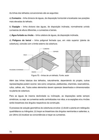 78
As linhas dos telhados convencionais são as seguintes:
a) Cumeeira – linha divisora de águas, de disposição horizontal e localizada nas posições
mais elevadas do telhado.
b) Espigão – linha divisora das águas, de disposição inclinada, normalmente unindo
cumeeiras de altura diferentes, e cumeeiras e beirais.
c) Água furtada ou rincão – linha coletora de águas, de disposição inclinada.
d) Polígono do beiral – linha poligonal fechada que, em vista superior (planta de
cobertura), coincide com o limite externo da cobertura.
Figura 75 – linhas de um telhado. Fonte: autor
Além das linhas básicas dos telhados, naturalmente, dependendo do projeto, outras
representações podem ocorrer, tais como: empenas, platibandas, chaminés, reservatórios,
rufos, calhas, etc. Todos estes elementos devem aparecer desenhados e dimensionados
na planta de cobertura.
Para as águas de mesma declividade ou inclinação, as disposições serão sempre
simétricas, ou seja: as cumeeiras serão centralizadas nos vãos, e os espigões e/ou rincões
serão bissetrizes dos ângulos respectivos da construção.
O processo de solução geométrica de coberturas envolve: (i) dividir a planta em retângulos
quadriláteros ou triângulos; (ii) traçar as bissetrizes dos ângulos reentrantes e salientes; e,
por último (iii) localizar as concordâncias e traçar as cumeeiras.
 