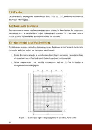 80
3.5.5 Escalas
Usualmente são empregadas as escalas de 1:50, 1:100 ou 1:200, conforme o número de
detalhes e informações.
3.5.6 Espessuras dos traços
As espessuras grossas e médias prevalecem para o desenho da cobertura. As espessuras
vão decrescendo à medida que o objeto representado se afasta do observador. A rede
pluvial (quando representada) é sempre indicada em linha fina.
3.5.7 Identificação das linhas do telhado
Consideradas as setas indicativas dos escoamentos das águas, em telhados de declividade
constante, as linhas podem ser facilmente identificáveis:
 Setas de mesma direção e sentidos opostos indicam cumeeiras (quando sentidos
divergentes), ou rincões horizontais (quando sentidos convergentes).
 Setas concorrentes com sentido convergente indicam rincões inclinados e
divergentes indicam espigões.
Figura 77 – Exemplo de representação de planta de cobertura. Fonte: autor
 