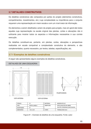 85
3.7 DETALHES CONSTRUTIVOS
Os detalhes construtivos são compostos por partes do projeto (elementos construtivos,
compartimentos, revestimentos, etc.) cuja complexidade ou importância para o conjunto
requerem uma representação em maior escala e com um nível maior de informação.
Os elementos a serem detalhados variam de projeto para projeto, mas em geral são todos
aqueles cuja representação na escala original das plantas, cortes e elevações não é
suficiente para mostrar todos os aspectos e informações necessárias à sua correta
execução.
Os detalhes constituem-se, portanto, em plantas, cortes, elevações e perspectivas
realizadas em escala compatível a complexidade construtiva do elemento, e são
complementados, quanto necessário, por textos, tabelas, especificações, etc.
3.7.1 Exemplos de detalhes construtivos
A seguir são apresentados alguns exemplos de detalhes construtivos.
DETALHES DE UMA ESQUADRIA
Figura 81 – Exemplo de detalhes de uma esquadria. Fonte: autor
 