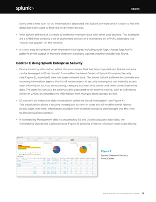 EBOOK
13Splunk and the CIS Critical Security Controls
Every time a new scan is run, information is deposited into Splunk software and it is easy to find the
deltas between scans to find new or different devices.
•	 With Splunk software, it is simple to correlate inventory data with other data sources. Two examples
are a CMDB that contains a list of authorized devices or a maintained list of MAC addresses that
“should not appear” on the network.
•	 It is also easy to correlate other important data types, including audit logs, change logs, traffic
patterns or the output of malware detection solutions, against unauthorized devices found.
Control 1: Using Splunk Enterprise Security
•	 Device inventory information within the environment that has been ingested into Splunk software
can be leveraged in ES as “assets” from within the Asset Center of Splunk Enterprise Security
(see Figure 3), a pre-built view into asset-relevant data. This allows Splunk software to correlate any
incoming information against this list of known assets. A security investigator can instantly access
asset information such as asset priority, category, business unit, owner and other context-sensitive
data. The asset list can also be automatically populated by an external source, such as a directory
server or CMDB. ES federates the information from multiple asset sources, as well.
•	 ES contains an interactive data visualization called the Asset Investigator (see Figure 4).
This visualization allows a security investigator to view an asset and all notable events related
to that asset over time. Information available from external sources is also brought into this view
to provide business context.
•	 If Vulnerability Management data is consumed by ES and used to populate asset data, the
Vulnerability Operations dashboard (see Figure 5) provides evidence of proper asset scan activity.
Figure 3
Splunk Enterprise Security:
Asset Center
 