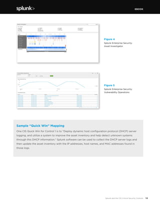 EBOOK
14Splunk and the CIS Critical Security Controls
Figure 4
Splunk Enterprise Security:
Asset Investigator
Figure 5
Splunk Enterprise Security:
Vulnerability Operations
Sample “Quick Win” Mapping
One CIS Quick Win for Control 1 is to “Deploy dynamic host configuration protocol (DHCP) server
logging, and utilize a system to improve the asset inventory and help detect unknown systems
through this DHCP information.” Splunk software can be used to collect the DHCP server logs and
then update the asset inventory with the IP addresses, host names, and MAC addresses found in
those logs.
 