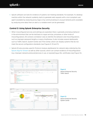 EBOOK
19Splunk and the CIS Critical Security Controls
•	 Splunk software can look for evidence of systems not meeting standards. For example, if a desktop
machine within the network suddenly starts to generate web requests with a non-compliant user
agent (available by analyzing proxy logs) or by communicating on unusual network ports (available
by analyzing wire data) then an alert or a notable event can be generated.
Control 3: Using Splunk Enterprise Security
•	 When misconfigured services and settings are exploited, there is generally anomalous behavior
in the environment that can be tied back to rogue services, processes or other kinds of
misconfigurations. ES contains correlation rules to identify this behavior and misconfigurations
such as improper password lengths or expiry timeframes. It also includes several dashboards,
such as Traffic Search, System Center and Time Center, which can display systems that do not
meet the secure configuration standards (see Figures 9, 10 and 11).
•	 Splunk ES also provides specific Protocol Analysis dashboards for network data collected by the
Splunk App for Stream as well as other sources, which can contain evidence of misconfiguration
(e.g. improper network protocols/services in use, or expired/rogue SSL certificates (see Figure 12).
Figure 9
Splunk Enterprise Security:
Traffic Search
Figure 10
Splunk Enterprise Security:
System Center
 
