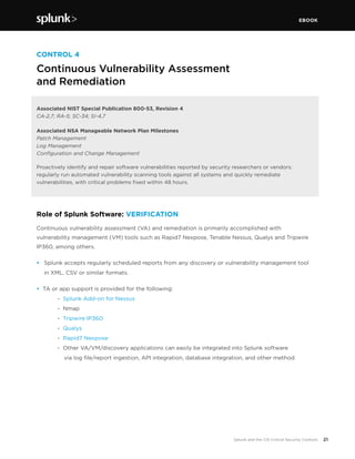 EBOOK
21Splunk and the CIS Critical Security Controls
CONTROL 4
Continuous Vulnerability Assessment
and Remediation
Associated NIST Special Publication 800-53, Revision 4
CA-2,7; RA-5; SC-34; SI-4,7
Associated NSA Manageable Network Plan Milestones
Patch Management
Log Management
Configuration and Change Management
Proactively identify and repair software vulnerabilities reported by security researchers or vendors:
regularly run automated vulnerability scanning tools against all systems and quickly remediate
vulnerabilities, with critical problems fixed within 48 hours.
Role of Splunk Software: VERIFICATION
Continuous vulnerability assessment (VA) and remediation is primarily accomplished with
vulnerability management (VM) tools such as Rapid7 Nexpose, Tenable Nessus, Qualys and Tripwire
IP360, among others.
•	 Splunk accepts regularly scheduled reports from any discovery or vulnerability management tool
in XML, CSV or similar formats.
• TA or app support is provided for the following:
	 - Splunk Add-on for Nessus
	 - Nmap
	 - Tripwire IP360
	 - Qualys
	 - Rapid7 Nexpose
	 - Other VA/VM/discovery applications can easily be integrated into Splunk software
	 via log file/report ingestion, API integration, database integration, and other method
 