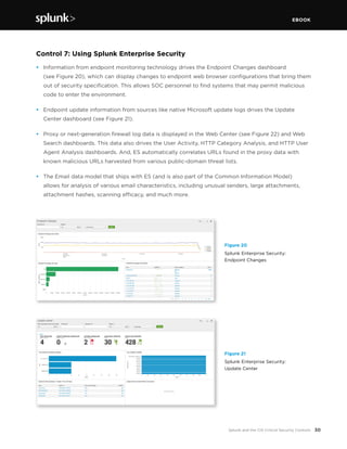 EBOOK
30Splunk and the CIS Critical Security Controls
Control 7: Using Splunk Enterprise Security
•	 Information from endpoint monitoring technology drives the Endpoint Changes dashboard
(see Figure 20), which can display changes to endpoint web browser configurations that bring them
out of security specification. This allows SOC personnel to find systems that may permit malicious
code to enter the environment.
•	 Endpoint update information from sources like native Microsoft update logs drives the Update
Center dashboard (see Figure 21).
•	 Proxy or next-generation firewall log data is displayed in the Web Center (see Figure 22) and Web
Search dashboards. This data also drives the User Activity, HTTP Category Analysis, and HTTP User
Agent Analysis dashboards. And, ES automatically correlates URLs found in the proxy data with
known malicious URLs harvested from various public-domain threat lists.
•	 The Email data model that ships with ES (and is also part of the Common Information Model)
allows for analysis of various email characteristics, including unusual senders, large attachments,
attachment hashes, scanning efficacy, and much more.
Figure 20
Splunk Enterprise Security:
Endpoint Changes
Figure 21
Splunk Enterprise Security:
Update Center
 