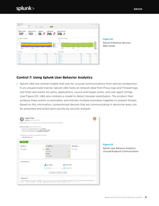 EBOOK
31Splunk and the CIS Critical Security Controls
Figure 22
Splunk Enterprise Security:
Web Center
Figure 23
Splunk User Behavior Analytics:
Unusual Endpoint Communication
Control 7: Using Splunk User Behavior Analytics
•	 Splunk UBA has several models that look for unusual communications from devices (endpoints).
In an unsupervised manner, Splunk UBA looks at network data from Proxy logs and Firewall logs,
and finds rare events for ports, applications, source and target zones, and user agent strings
(see Figure 23). UBA also contains a model to detect browser exploitation. The product then
surfaces these events as anomalies, and stitches multiple anomalies together to present threats.
Based on this information, compromised devices that are communicating in abnormal ways can
be presented and acted upon quickly by security analysts.
 