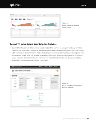 EBOOK
59Splunk and the CIS Critical Security Controls
Control 17: Using Splunk User Behavior Analytics
•	 Splunk UBA has several data-science based models that work in an unsupervised way to detect
patterns that indicate accounts that are being used in ways that deviate from normal. Specifically,
UBA contains an Outlier Analysis model that compares normal patterns of account usage vs. what
is happening in real time; this is done on a per account basis. When unusual patterns of account
usage are seen, these anomalies are surfaced and stitched into threats, and then presented to
analysts for further investigation (see Figure 46).
Figure 46
Splunk User Behavior Analytics:
Account Takeover
Figure 45
Splunk Enterprise Security:
Access Center
 