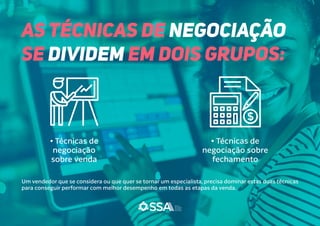 • Técnicas de
negociação
sobre venda
• Técnicas de
negociação sobre
fechamento
Um vendedor que se considera ou que quer se tornar um especialista, precisa dominar estas duas técnicas
para conseguir performar com melhor desempenho em todas as etapas da venda.
AS TÉCNICAS DE NEGOCIAÇÃO
SE DIVIDEM EM DOIS GRUPOS:
 
