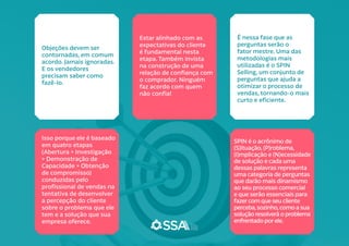 Objeções devem ser
contornadas, em comum
acordo. Jamais ignoradas.
E os vendedores
precisam saber como
fazê-lo.
Isso porque ele é baseado
em quatro etapas
(Abertura > Investigação
> Demonstração de
Capacidade > Obtenção
de compromisso)
conduzidas pelo
profissional de vendas na
tentativa de desenvolver
a percepção do cliente
sobre o problema que ele
tem e a solução que sua
empresa oferece.
Estar alinhado com as
expectativas do cliente
é fundamental nesta
etapa. Também invista
na construção de uma
relação de confiança com
o comprador. Ninguém
faz acordo com quem
não confia!
É nessa fase que as
perguntas serão o
fator mestre. Uma das
metodologias mais
utilizadas é o SPIN
Selling, um conjunto de
perguntas que ajuda a
otimizar o processo de
vendas, tornando-o mais
curto e eficiente.
SPIN é o acrônimo de
(S)ituação,(P)roblema,
(I)mplicação e (N)ecessidade
de solução e cada uma
dessas palavras representa
uma categoria de perguntas
que darão mais dinamismo
ao seu processo comercial
e que serão essenciais para
fazercom que seu cliente
perceba,sozinho,como a sua
solução resolverá o problema
enfrentado porele.
 